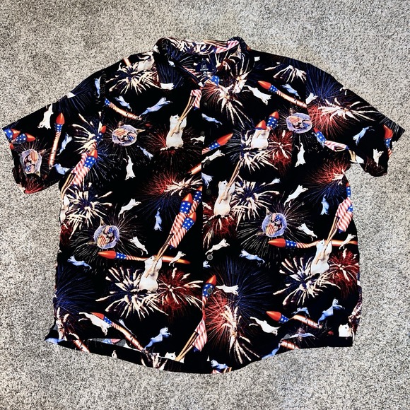 George Shirt Mens 3XL Cat Fireworks Rockets Button Up Rayon 4th of July Print - Picture 1 of 5